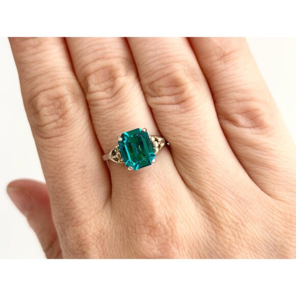 Sarah Coventry Teal Tourmaline Emerald Cut 925 Sterling Silver Vintage Ring sz 7 - Picture 9 of 12